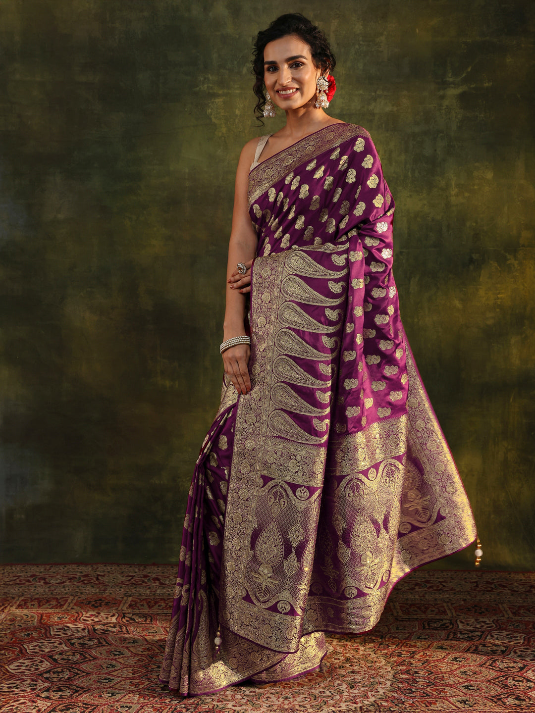  Libas Art Purple Woven Design Silk Blend Banarasi Saree With Unstitched Blouse Piece 