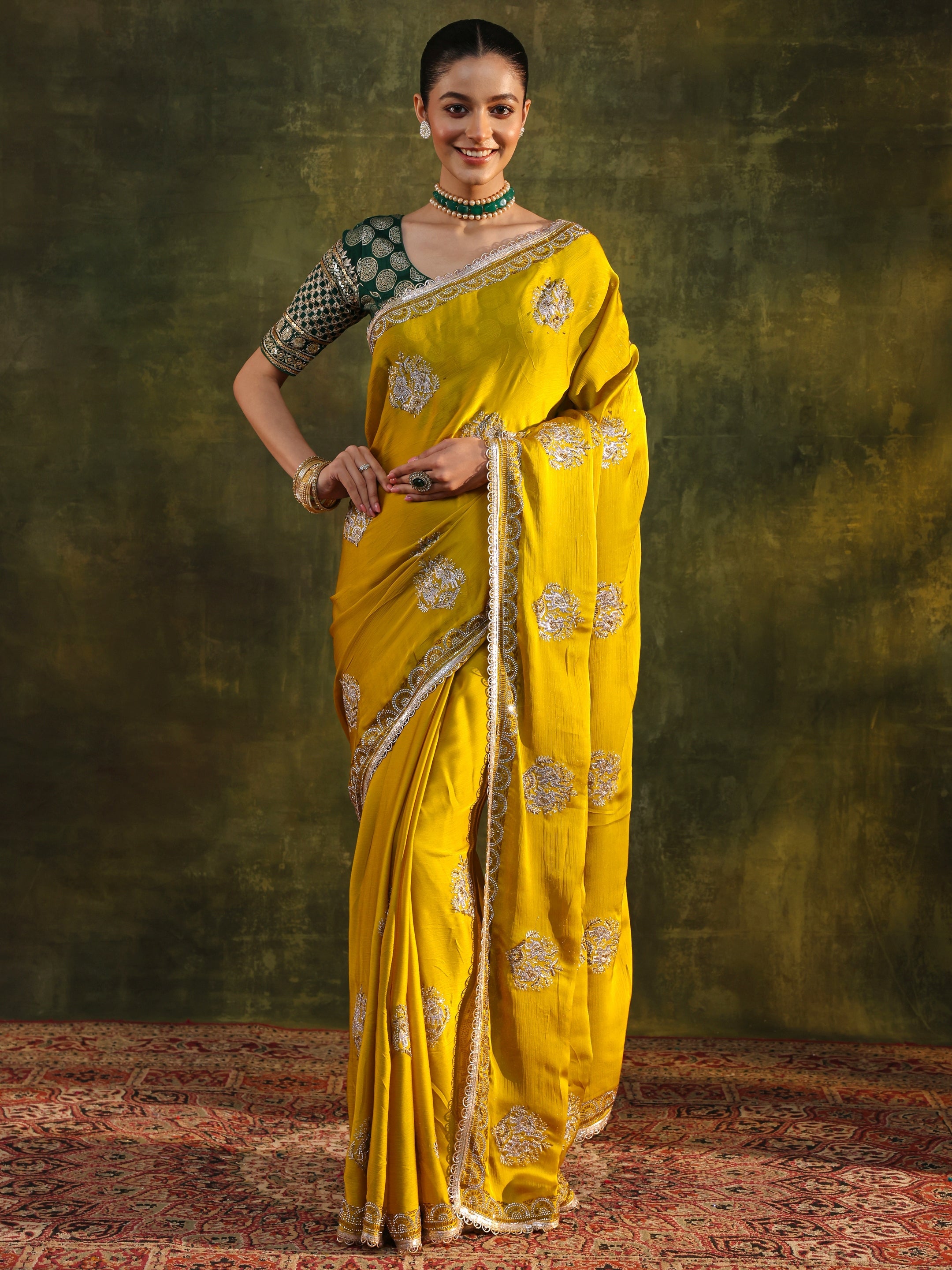 libas Mustard Floral Embellished Satin Saree With Unstitched Blouse Piece-picture-16