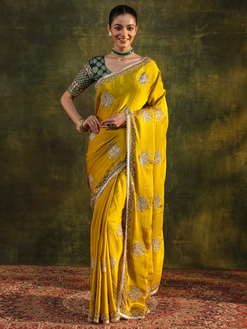 Mustard Floral Embellished Satin Saree With Unstitched Blouse Piece