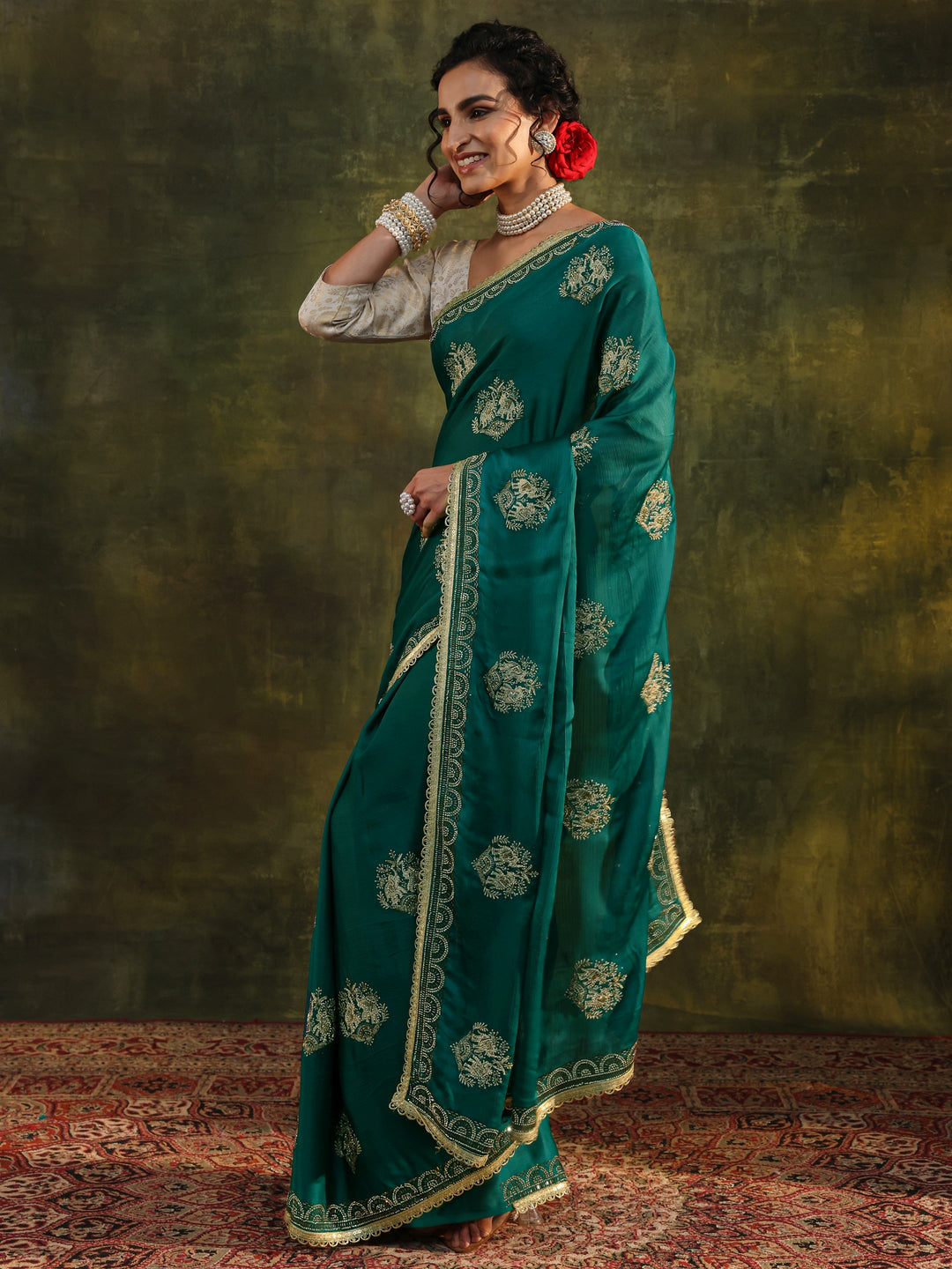 Green Ethnic Embellished Satin Saree With Unstitched Blouse Piece 