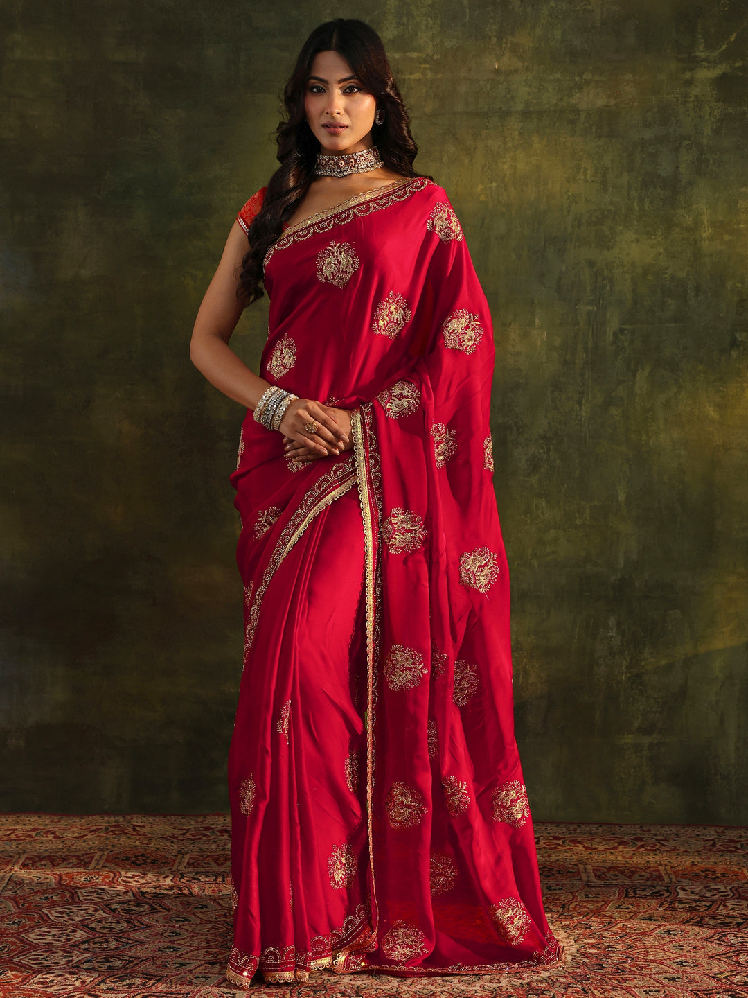  Libas Red Embellished Satin Saree With Unstitched Blouse Piece 