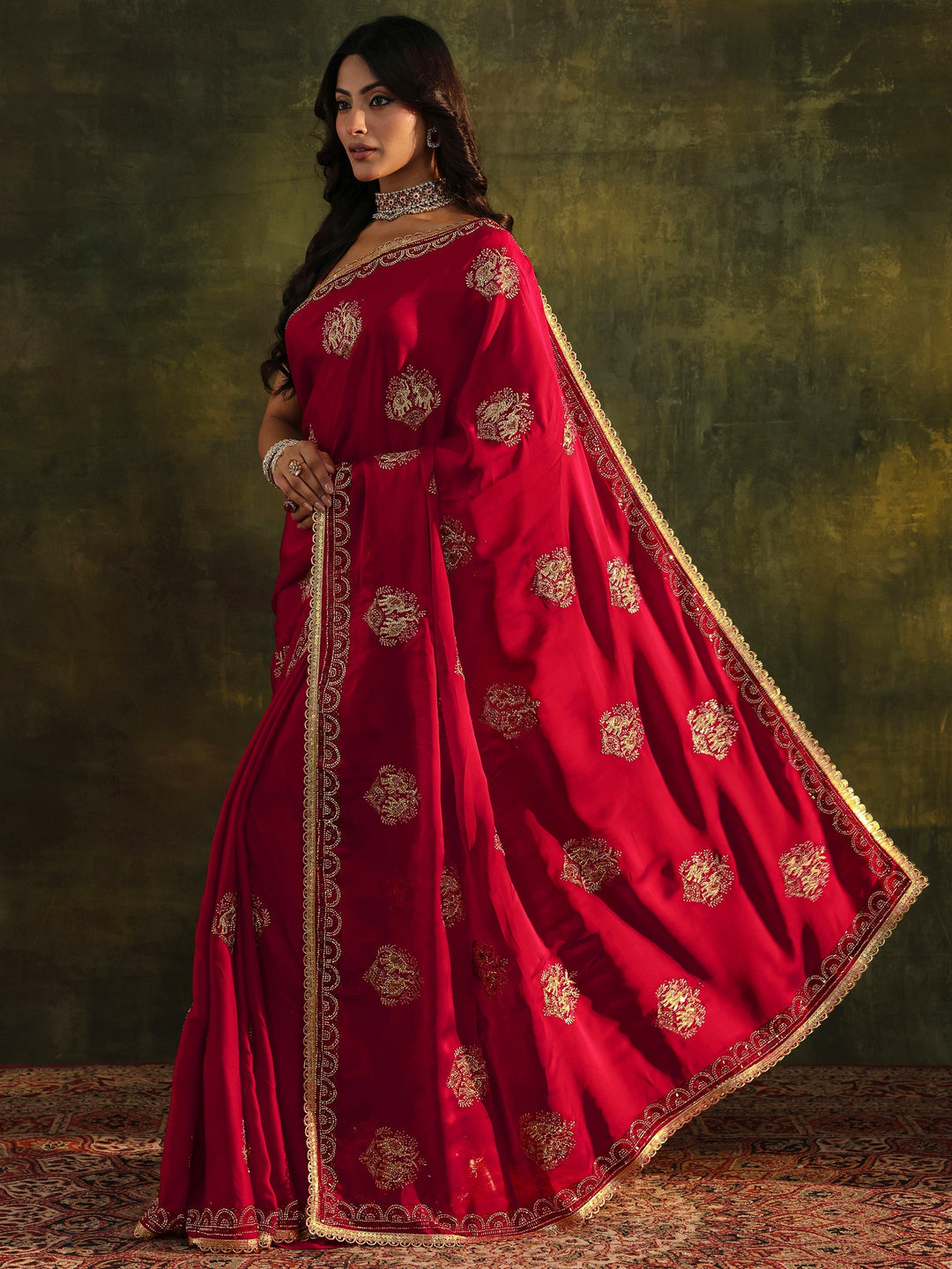  Libas Red Embellished Satin Saree With Unstitched Blouse Piece 