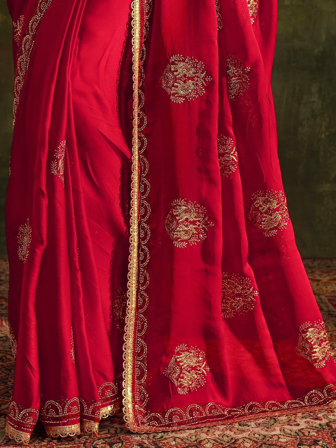  Libas Red Embellished Satin Saree With Unstitched Blouse Piece 