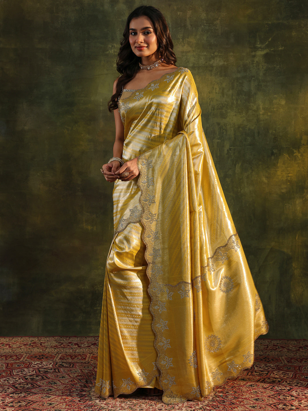  Libas Art Mustard Floral Embellished Silk Blend Saree With Unstitched Blouse Piece 