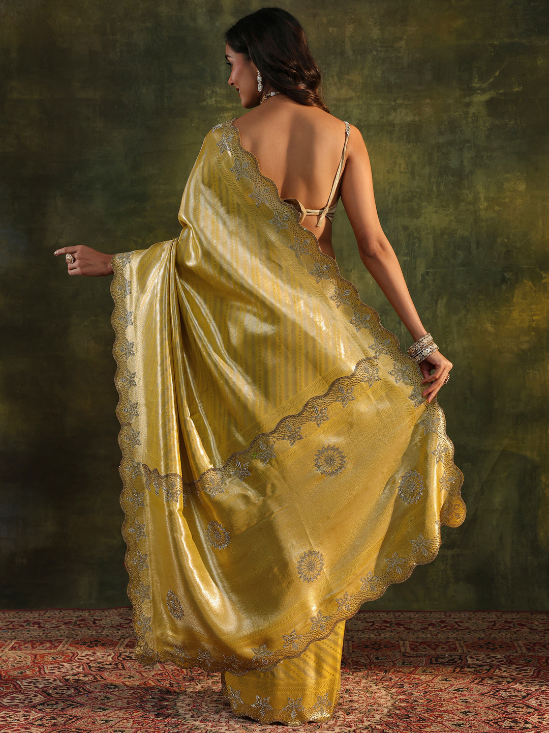  Libas Art Mustard Floral Embellished Silk Blend Saree With Unstitched Blouse Piece 