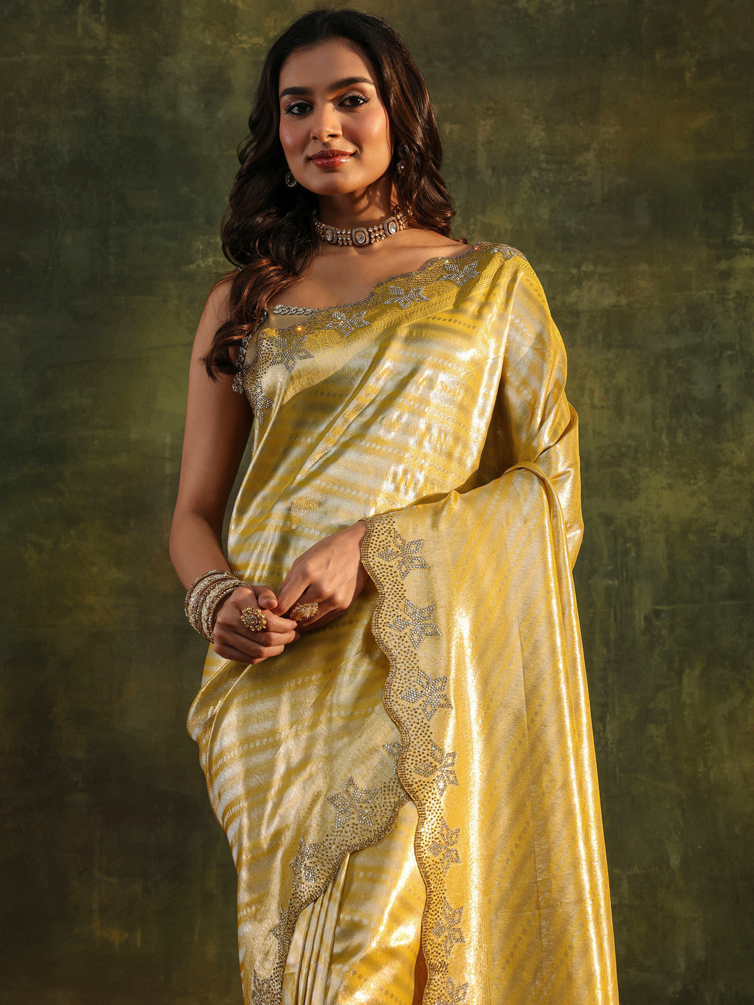  Libas Art Mustard Floral Embellished Silk Blend Saree With Unstitched Blouse Piece 