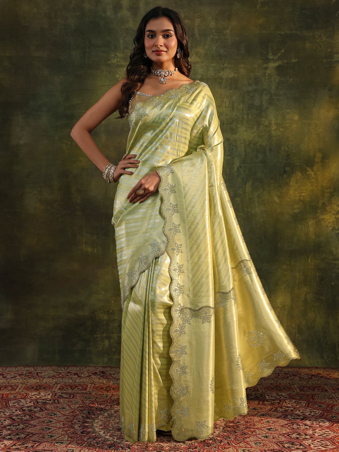  Libas Art Green Floral Embellished Silk Blend Saree With Unstitched Blouse Piece 