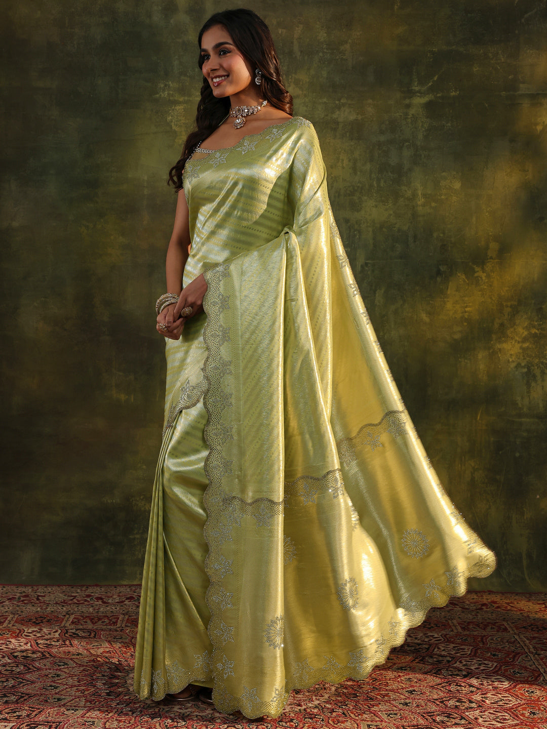  Libas Art Green Floral Embellished Silk Blend Saree With Unstitched Blouse Piece 