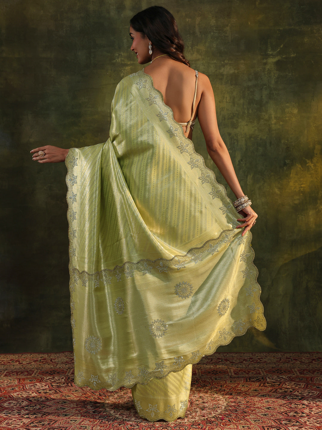  Libas Art Green Floral Embellished Silk Blend Saree With Unstitched Blouse Piece 