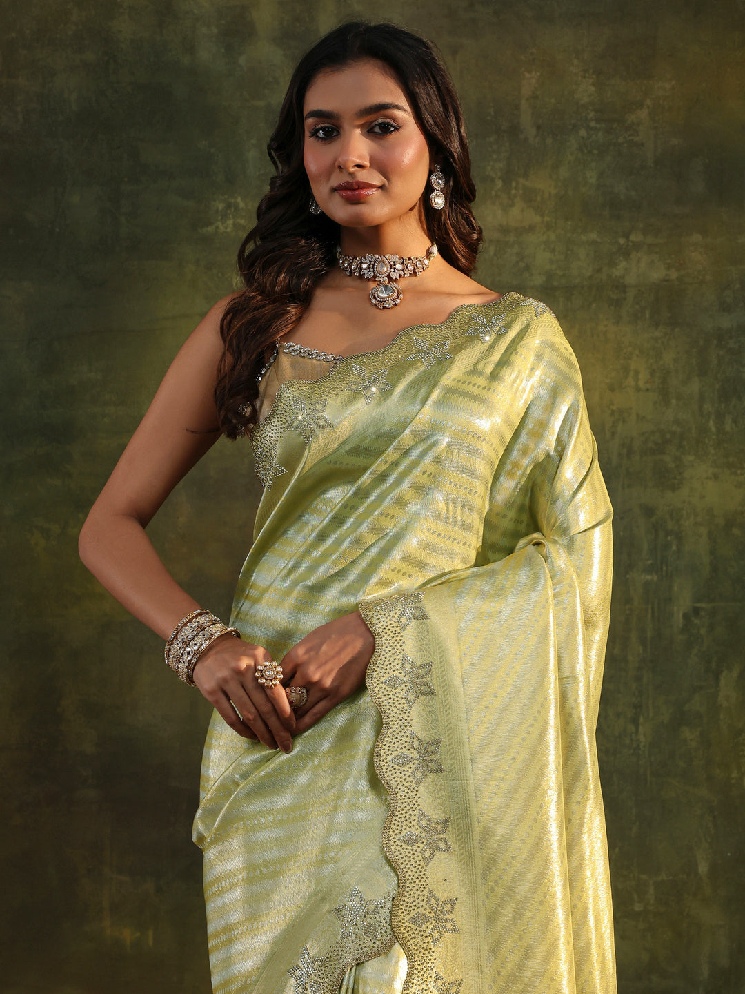  Libas Art Green Floral Embellished Silk Blend Saree With Unstitched Blouse Piece 