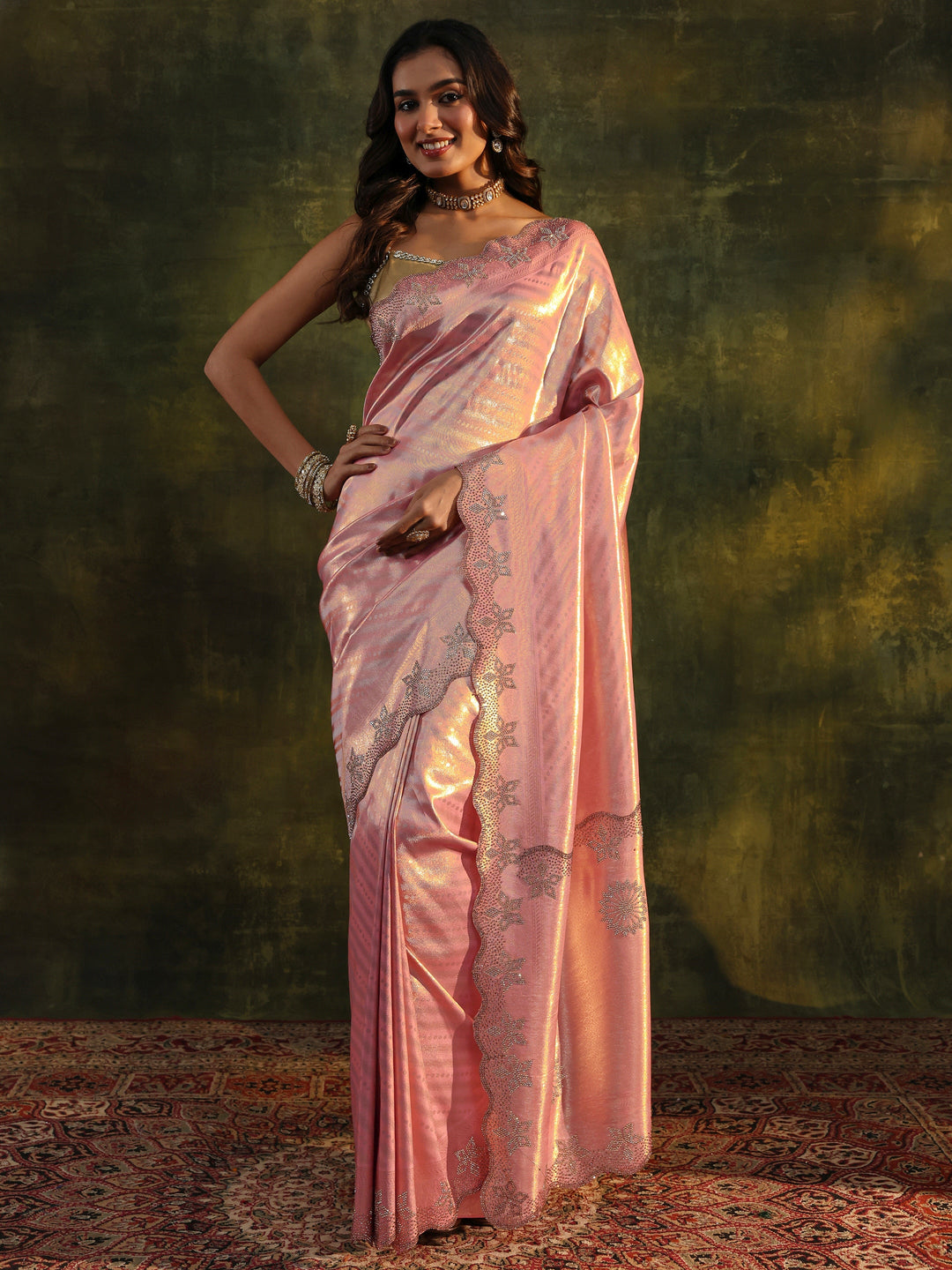  Libas Art Peach Floral Embellished Silk Blend Saree With Unstitched Blouse Piece 