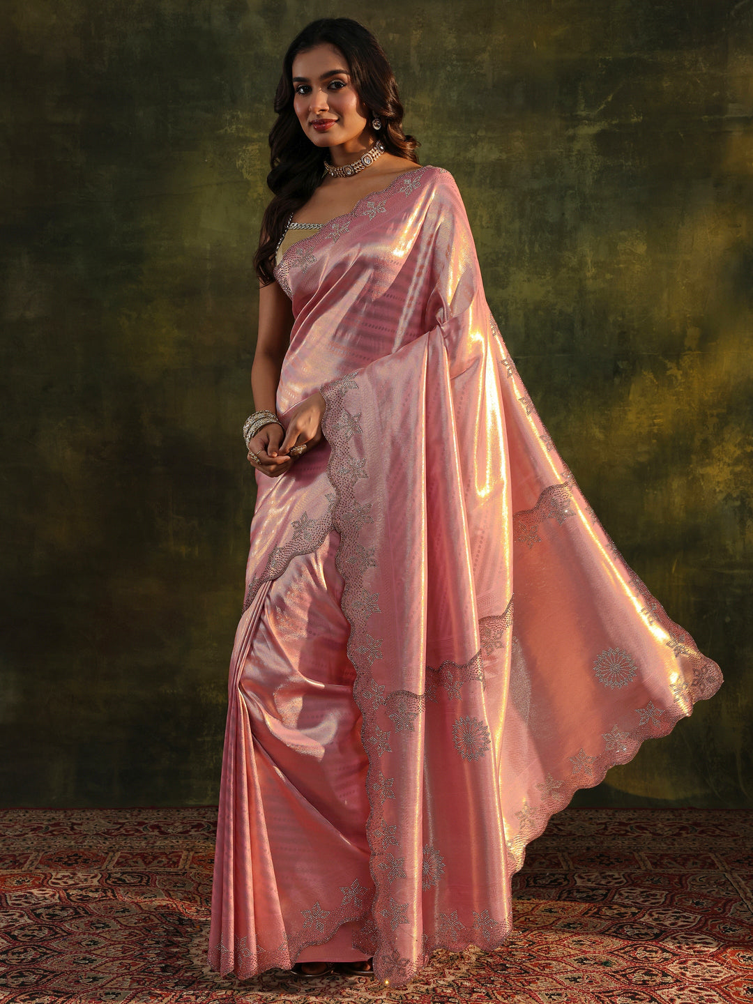  Libas Art Peach Floral Embellished Silk Blend Saree With Unstitched Blouse Piece 