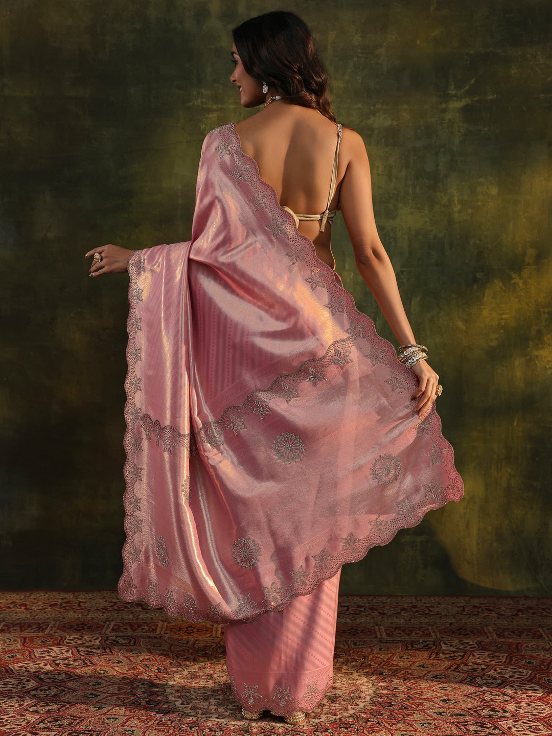  Libas Art Peach Floral Embellished Silk Blend Saree With Unstitched Blouse Piece 