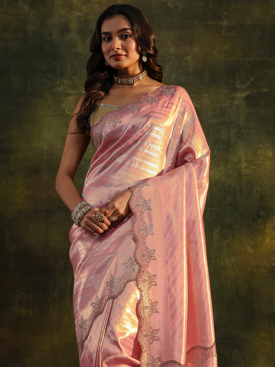  Libas Art Peach Floral Embellished Silk Blend Saree With Unstitched Blouse Piece 
