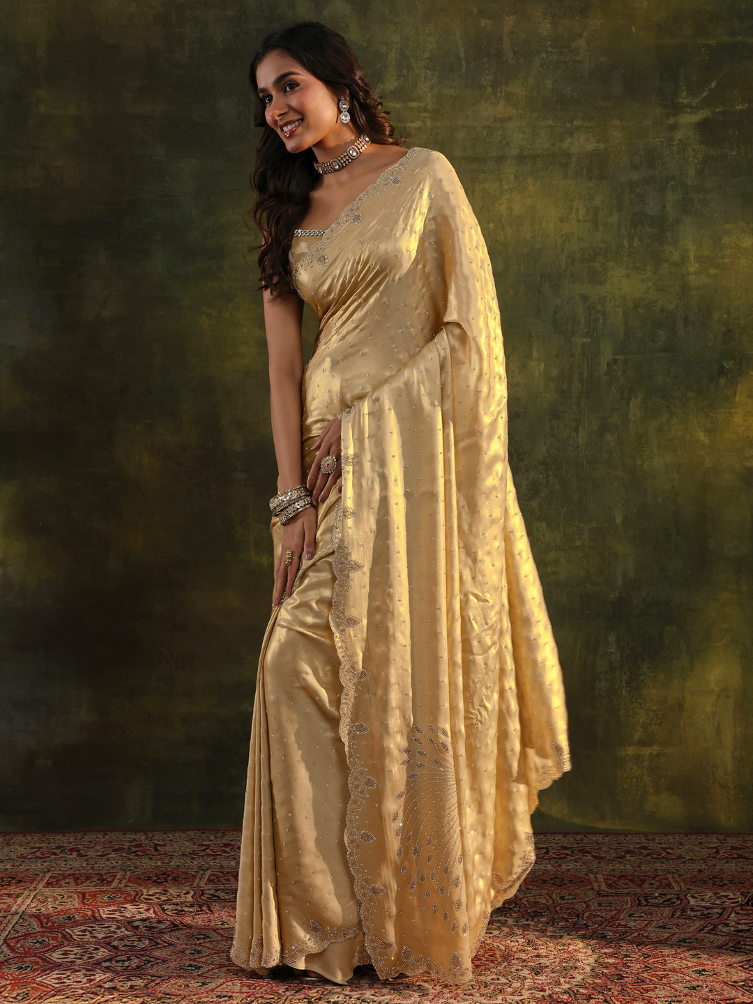  Libas Art Gold Embellished Silk Blend Saree With Unstitched Blouse Piece 