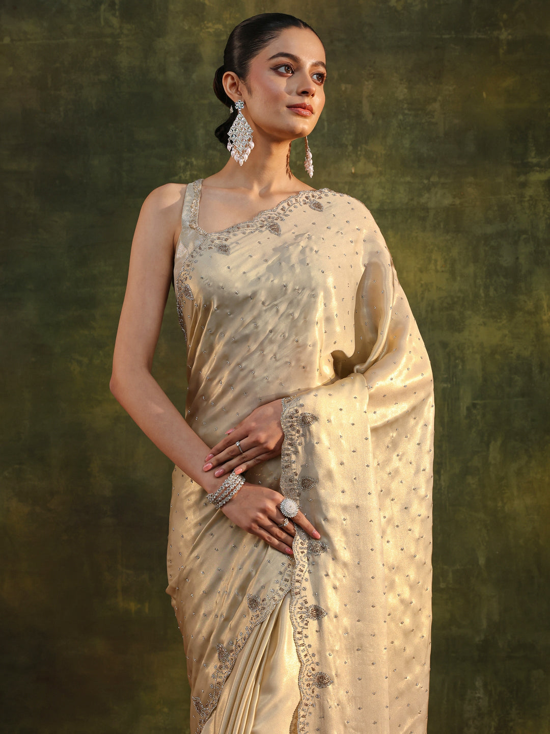  Libas Art Ivory Embellished Silk Blend Saree With Unstitched Blouse Piece 
