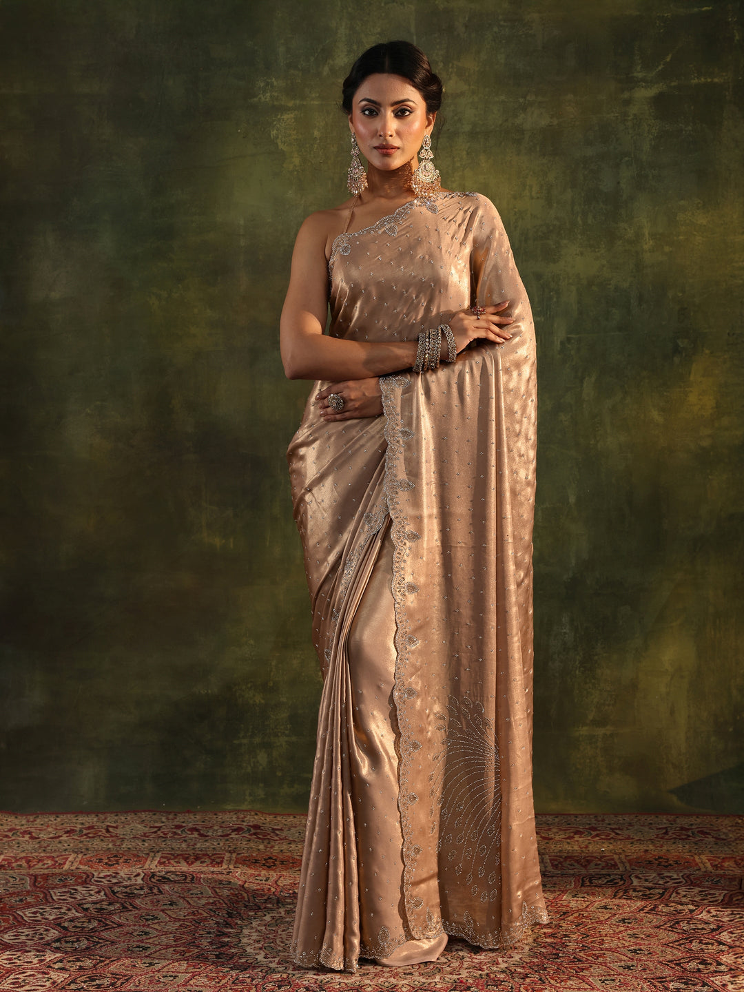  Libas Art Beige Embellished Silk Blend Saree With Unstitched Blouse Piece 