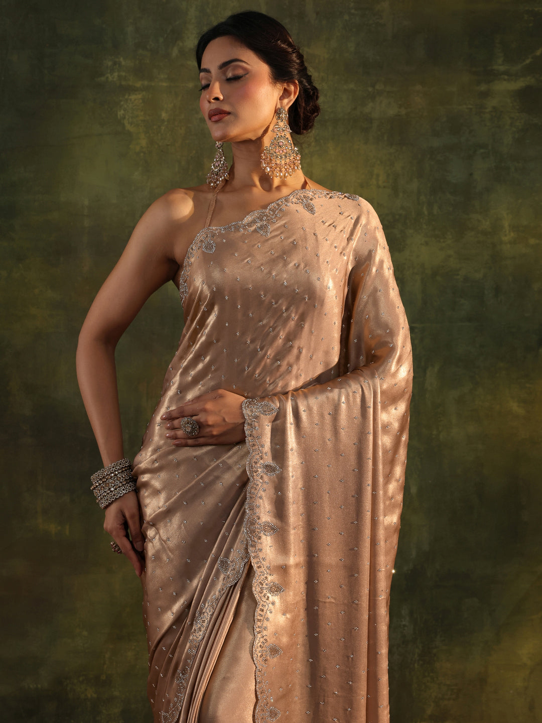  Libas Art Beige Embellished Silk Blend Saree With Unstitched Blouse Piece 