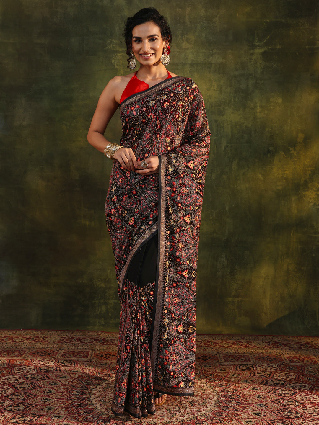  Libas Art Black Jamawar Embroidered Georgette Saree With Unstitched Blouse Piece 
