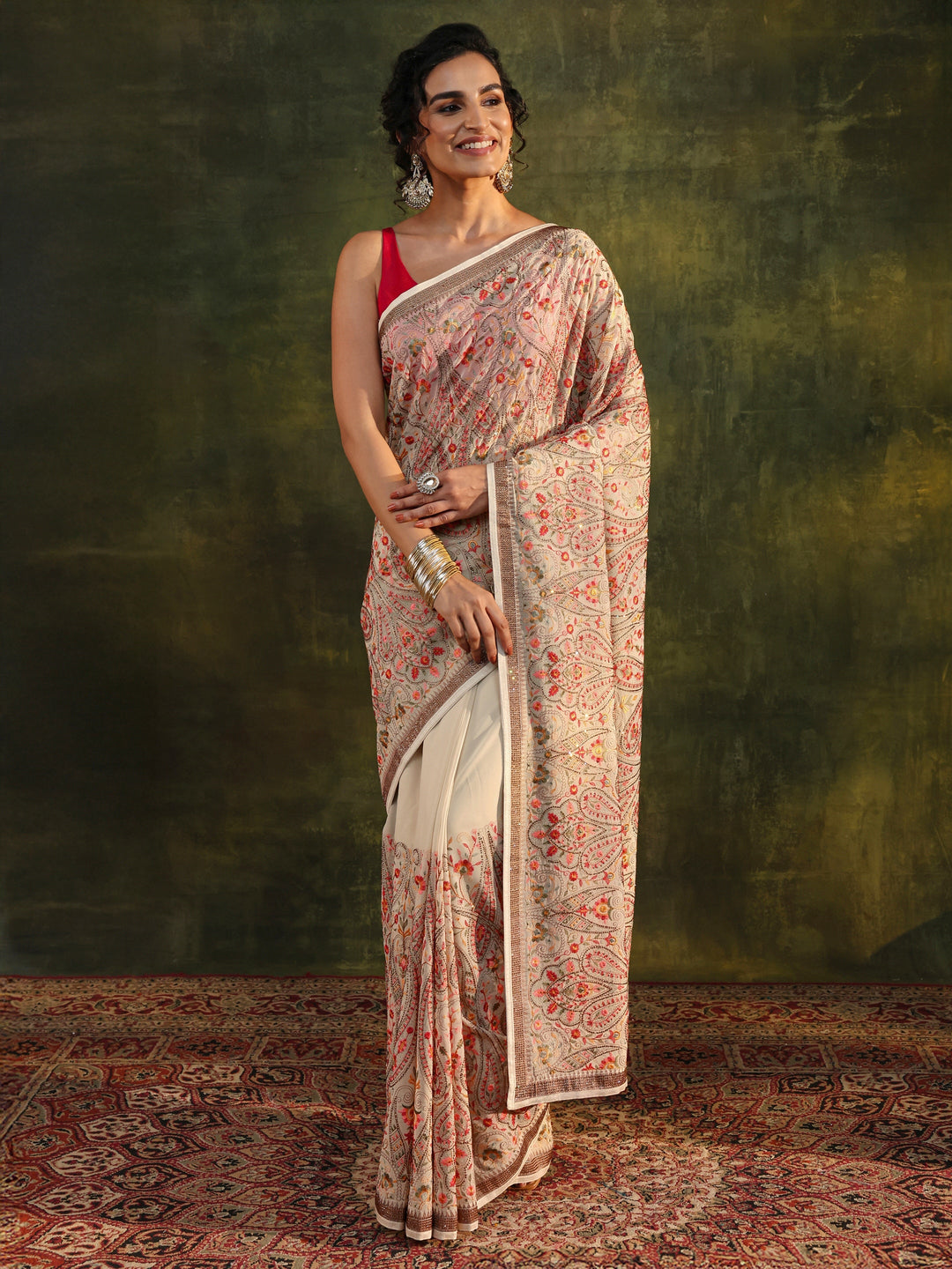  Libas Art Off White Jamawar Embroidered Georgette Saree With Unstitched Blouse Piece 