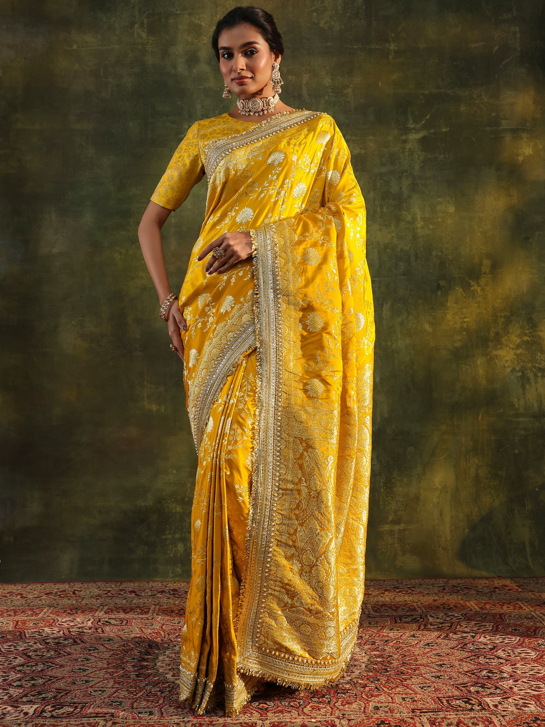  Libas Art Mustard Embellished Woven Design Silk Saree With Unstitched Blouse Piece 