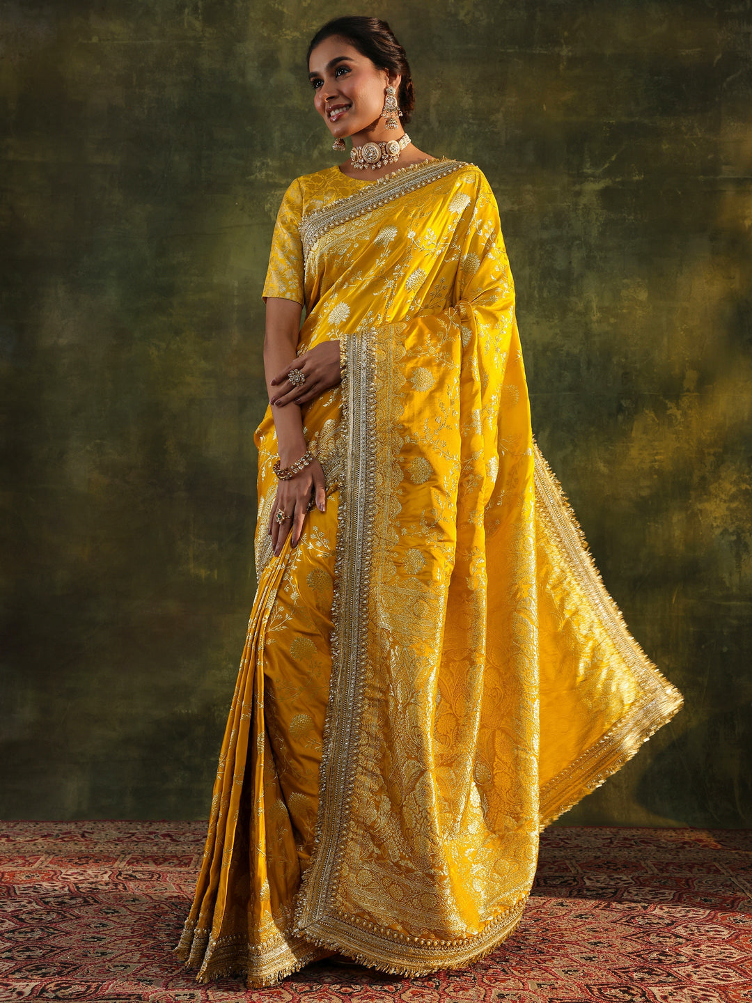  Libas Art Mustard Embellished Woven Design Silk Saree With Unstitched Blouse Piece 