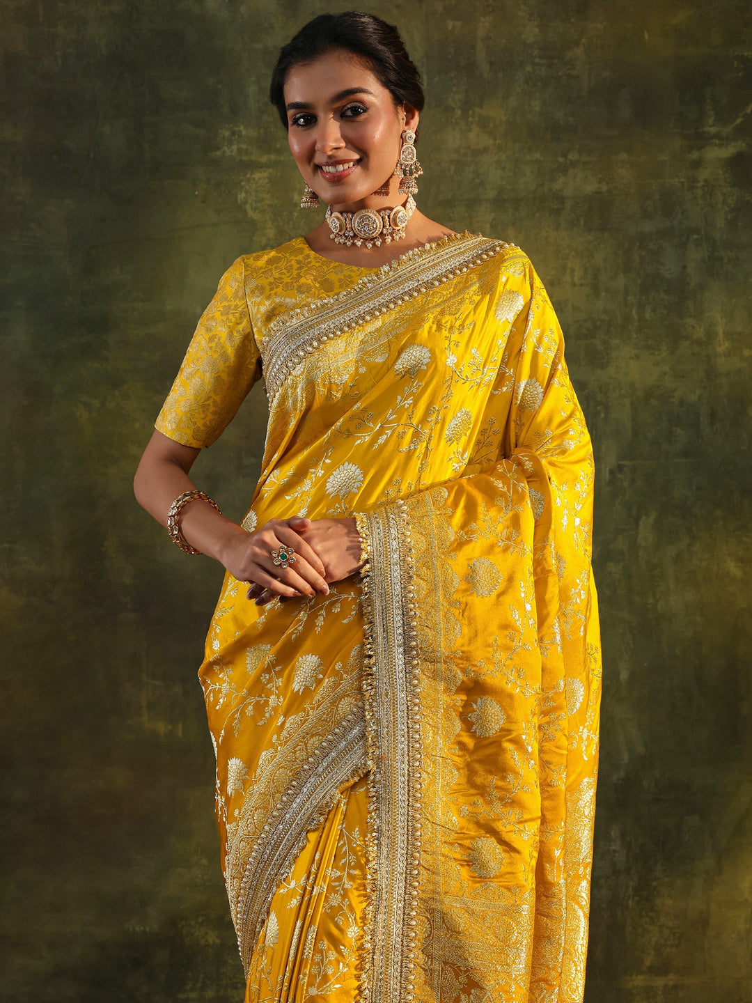  Libas Art Mustard Embellished Woven Design Silk Saree With Unstitched Blouse Piece 