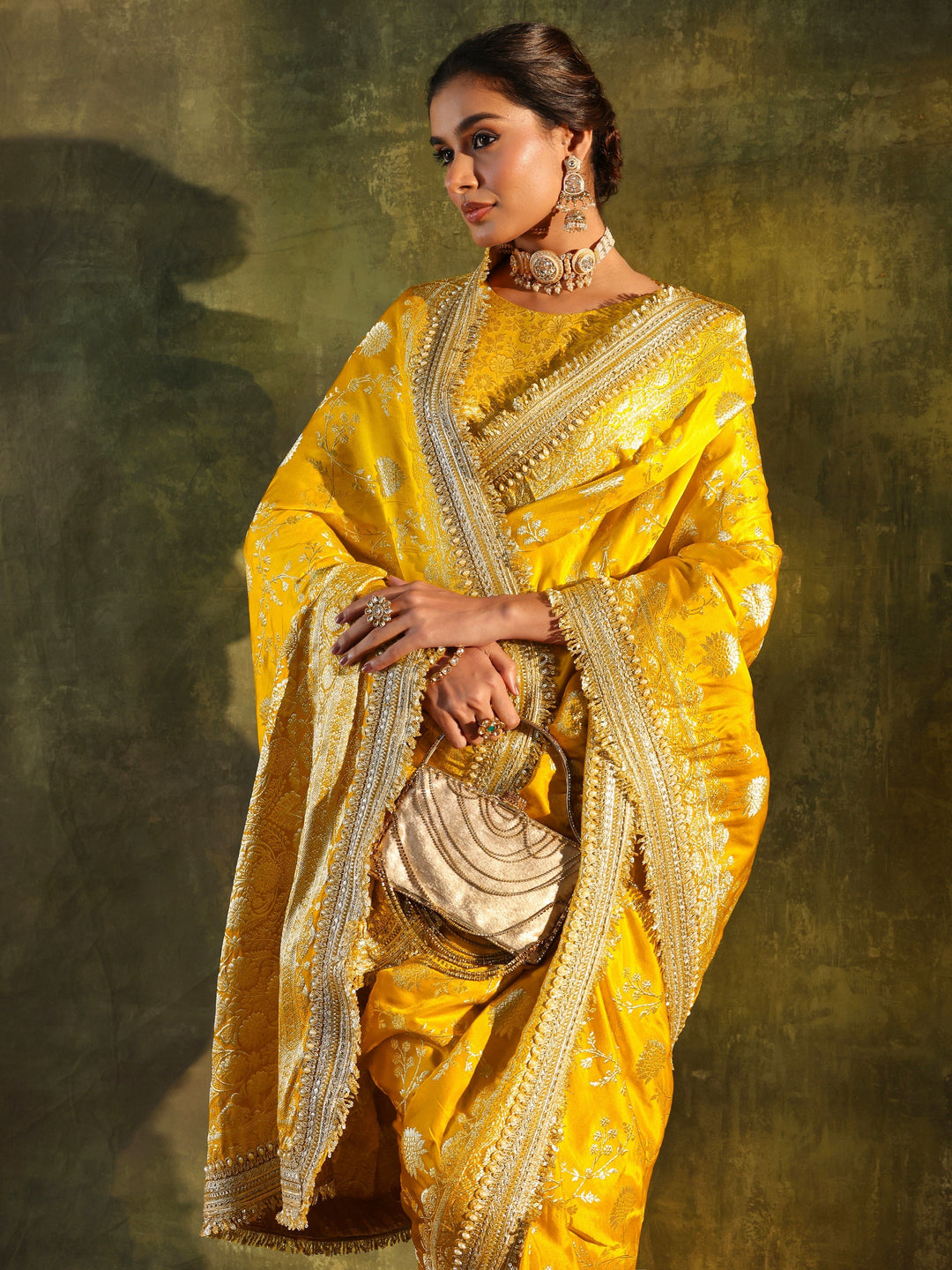  Libas Art Mustard Embellished Woven Design Silk Saree With Unstitched Blouse Piece 