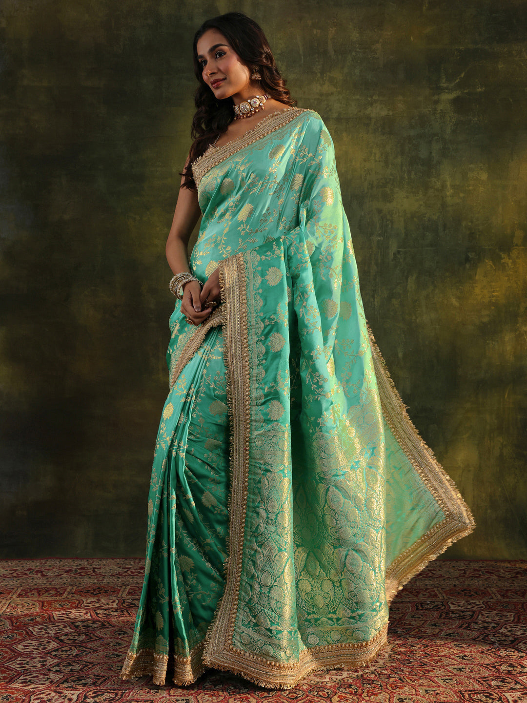  Libas Art Green Embellished Woven Design  Silk Saree With Unstitched Blouse Piece 