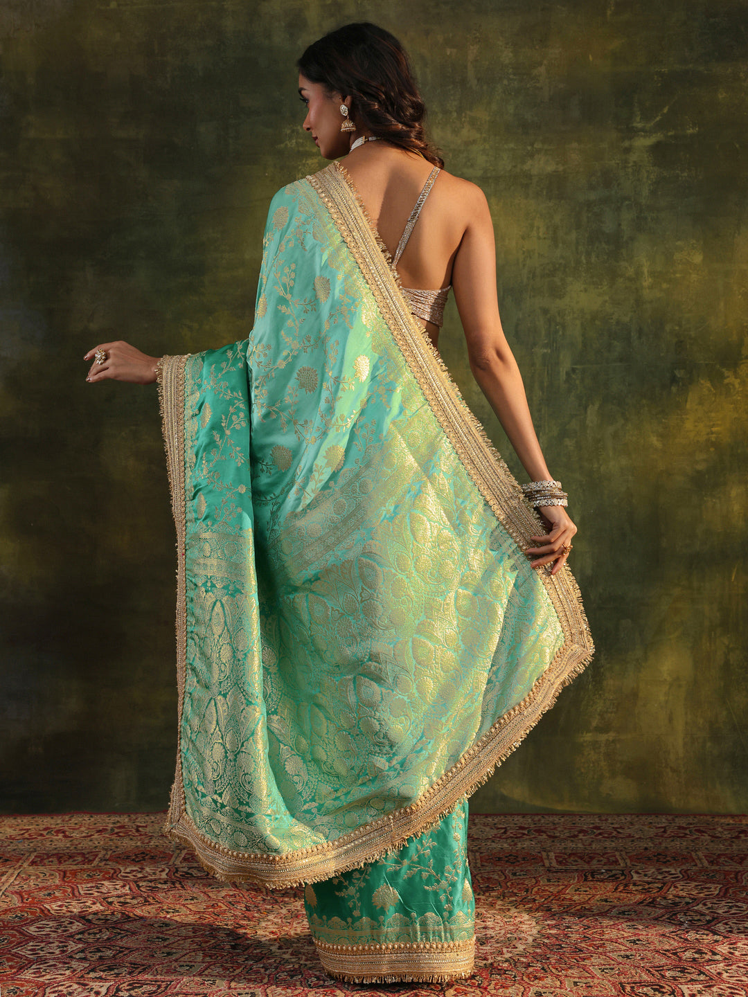  Libas Art Green Embellished Woven Design  Silk Saree With Unstitched Blouse Piece 