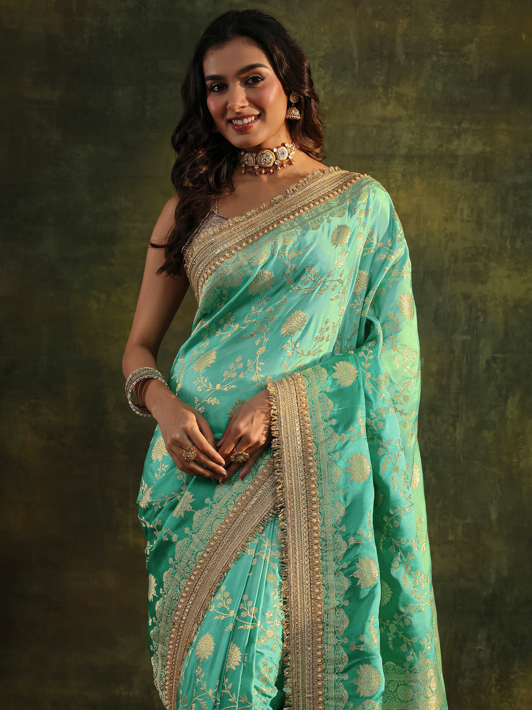  Libas Art Green Embellished Woven Design  Silk Saree With Unstitched Blouse Piece 