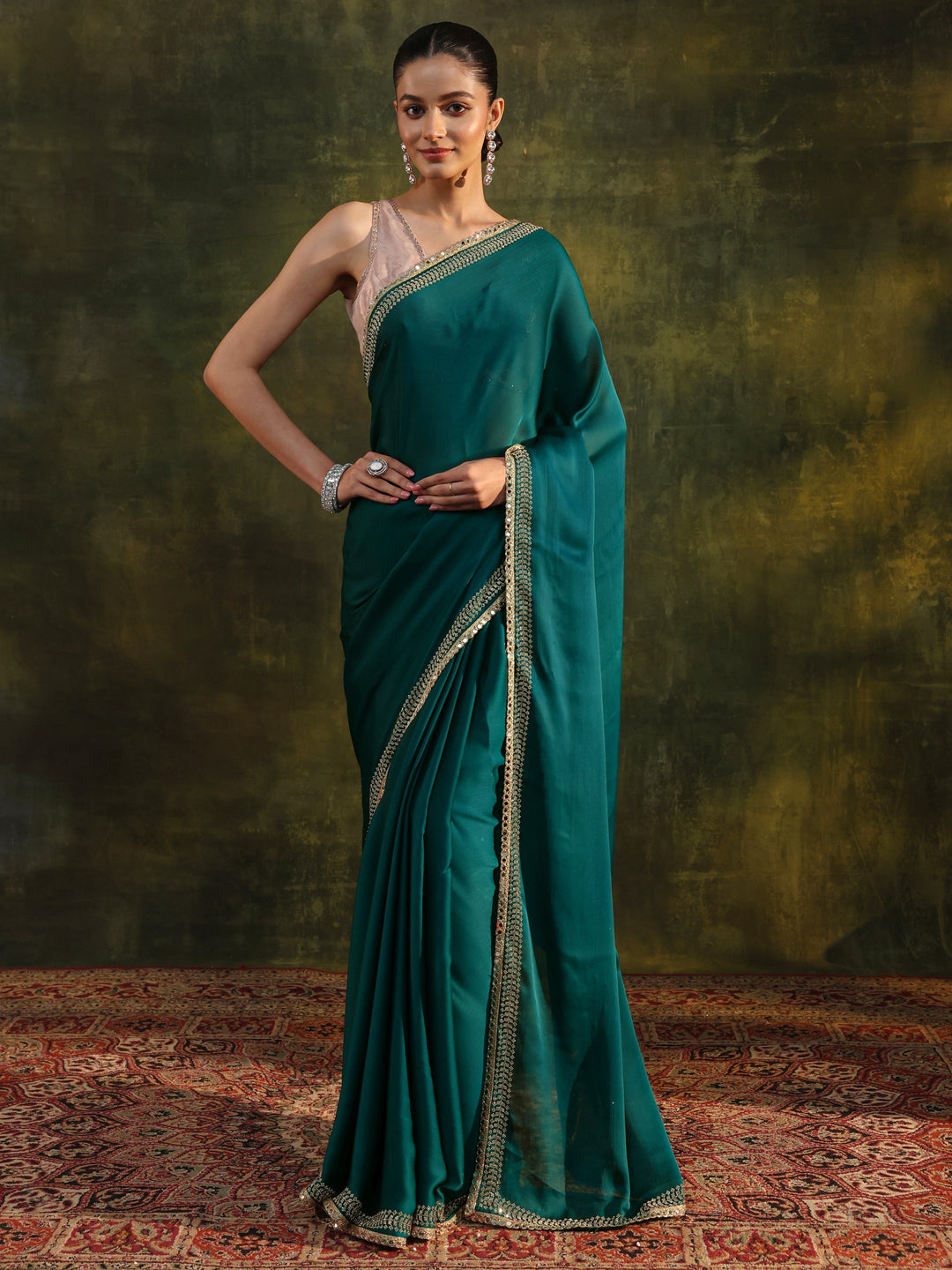  Green Embellished Silk Blend Saree With Unstitched Blouse Piece 