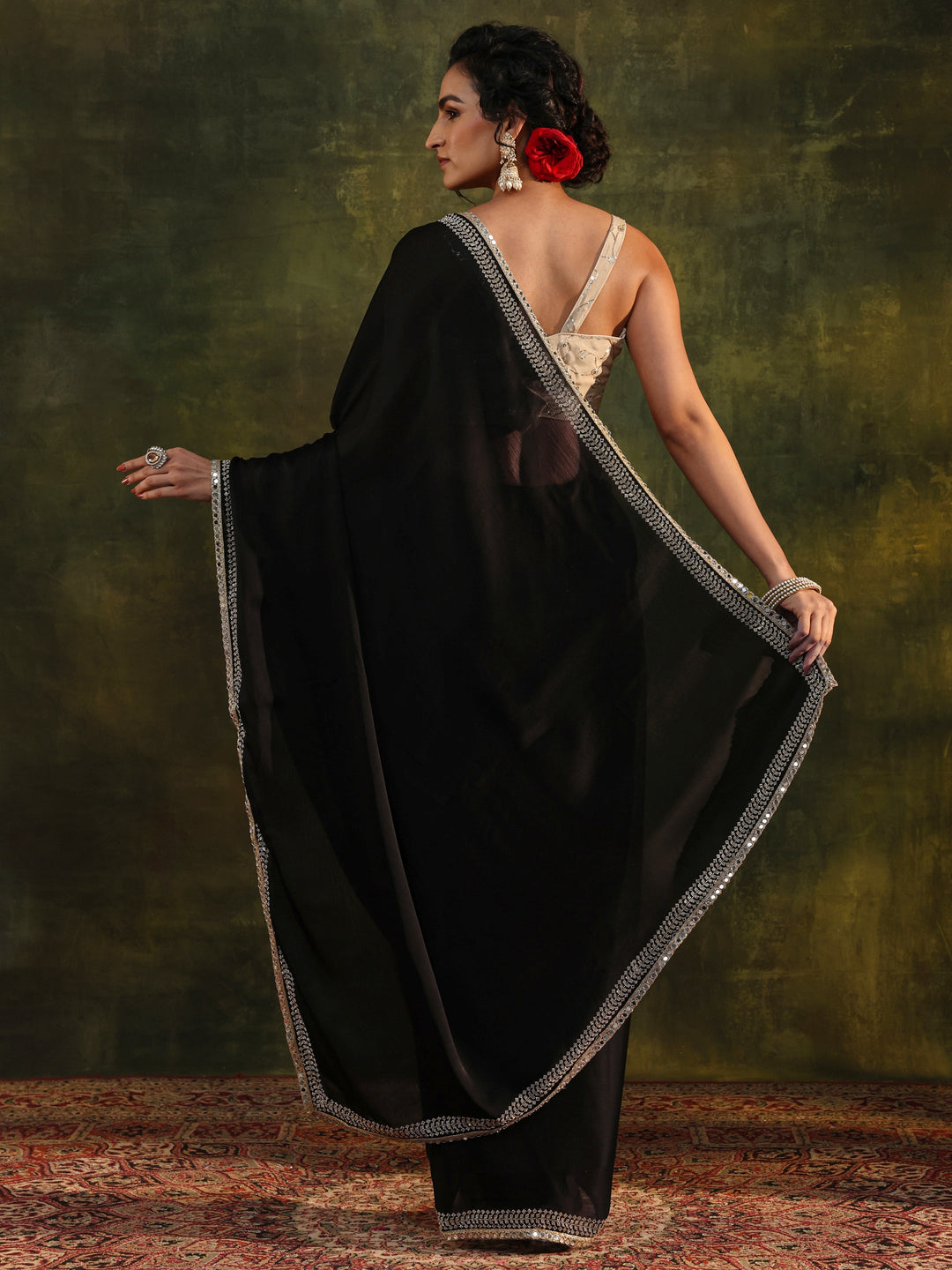  Black Embellished Silk Blend Saree With Unstitched Blouse Piece 