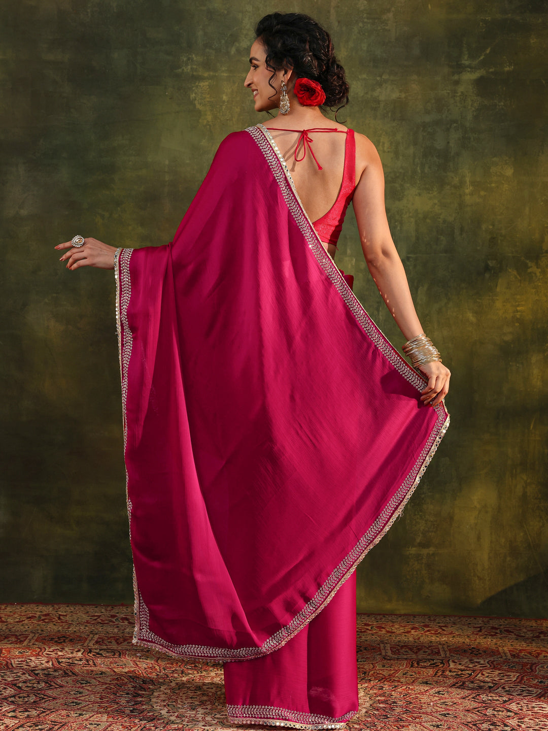  Pink Embellished Silk Blend Saree With Unstitched Blouse Piece 