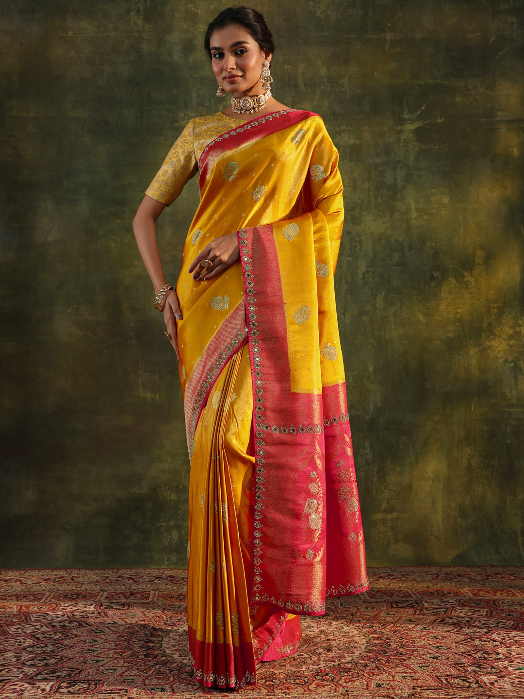  Libas Art Mustard Embellished  Silk Blend Saree With Unstitched Blouse Piece 