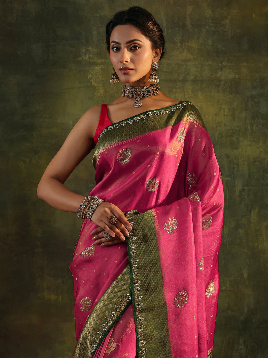  Libas Art Pink Embellished Silk Blend With Unstitched Blouse Piece 