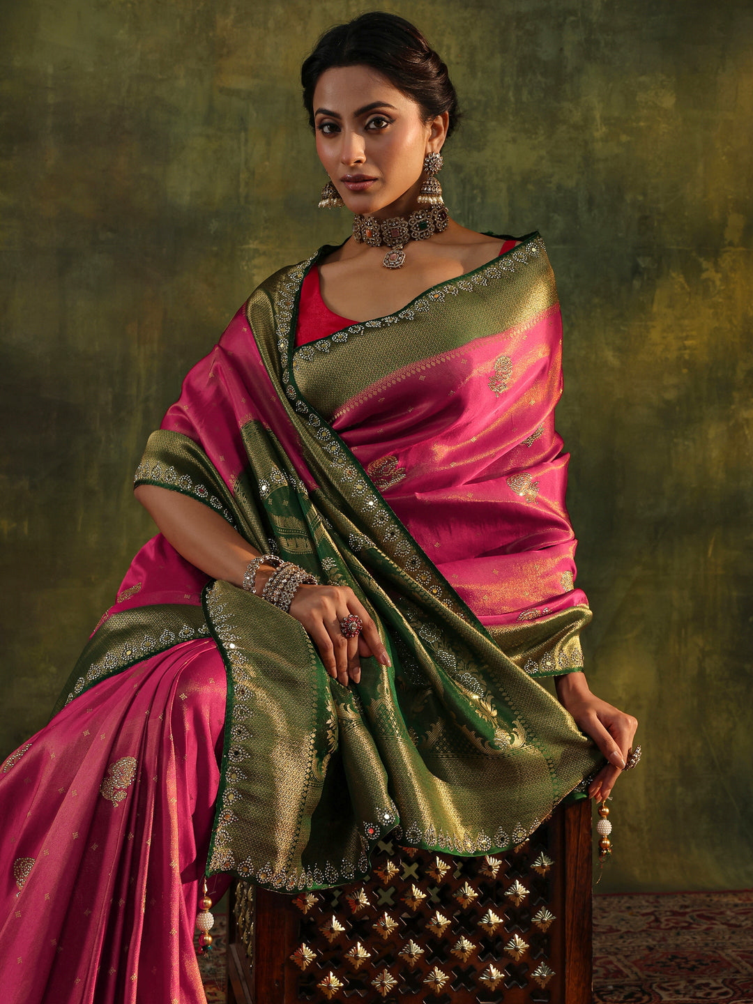  Libas Art Pink Embellished Silk Blend With Unstitched Blouse Piece 