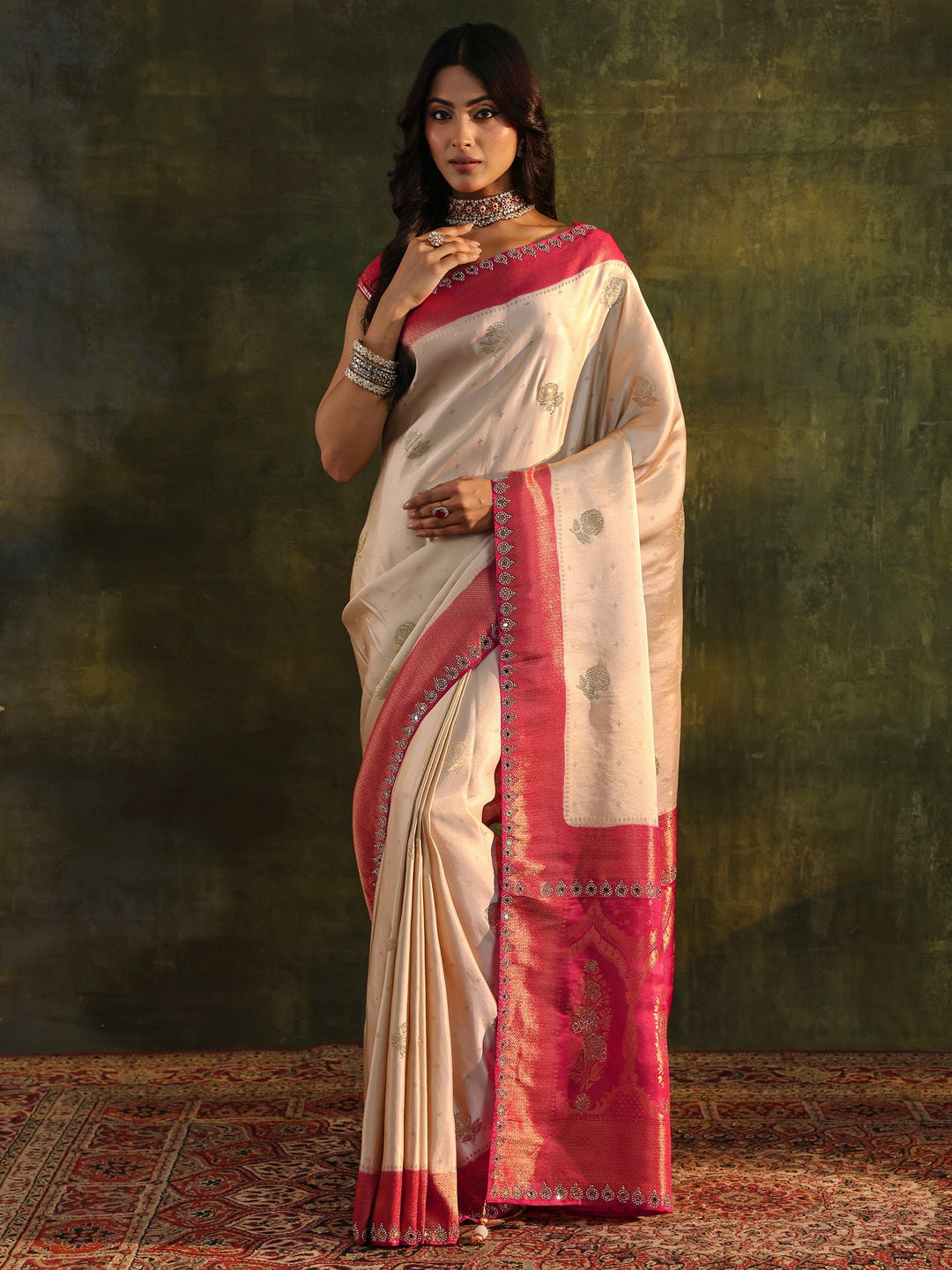  Libas Art Ivory Embellished  Silk Blend Saree With Unstitched Blouse Piece 
