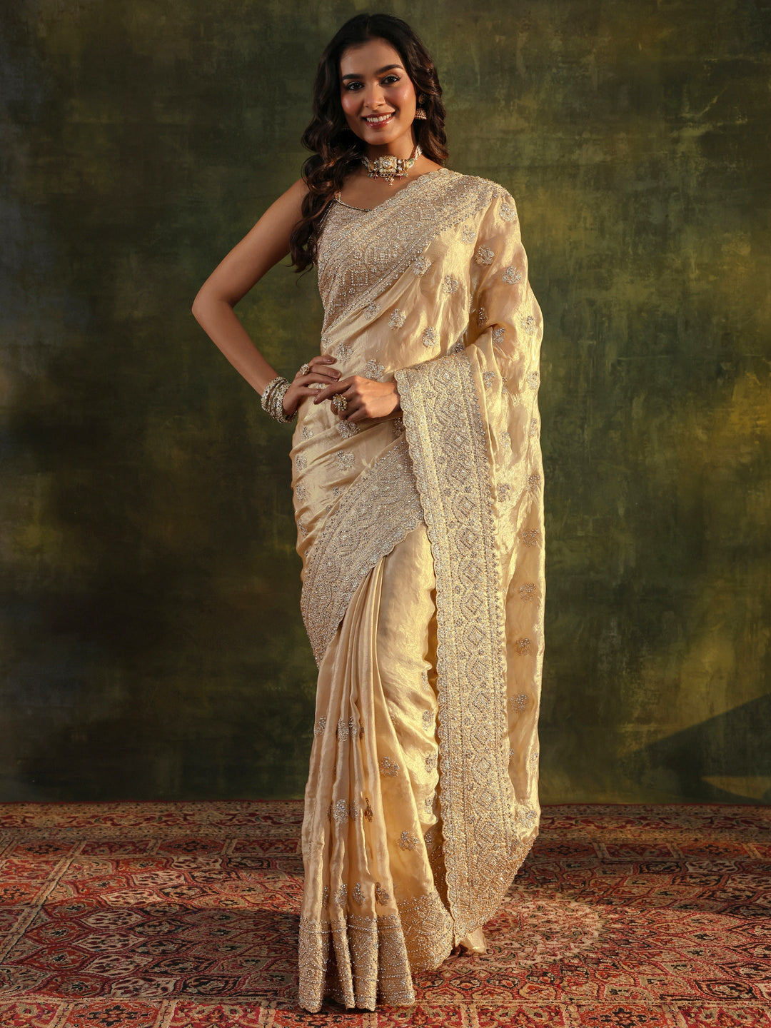  Libas Art Beige Embellished Tissue Saree With Unstitched Blouse Piece 