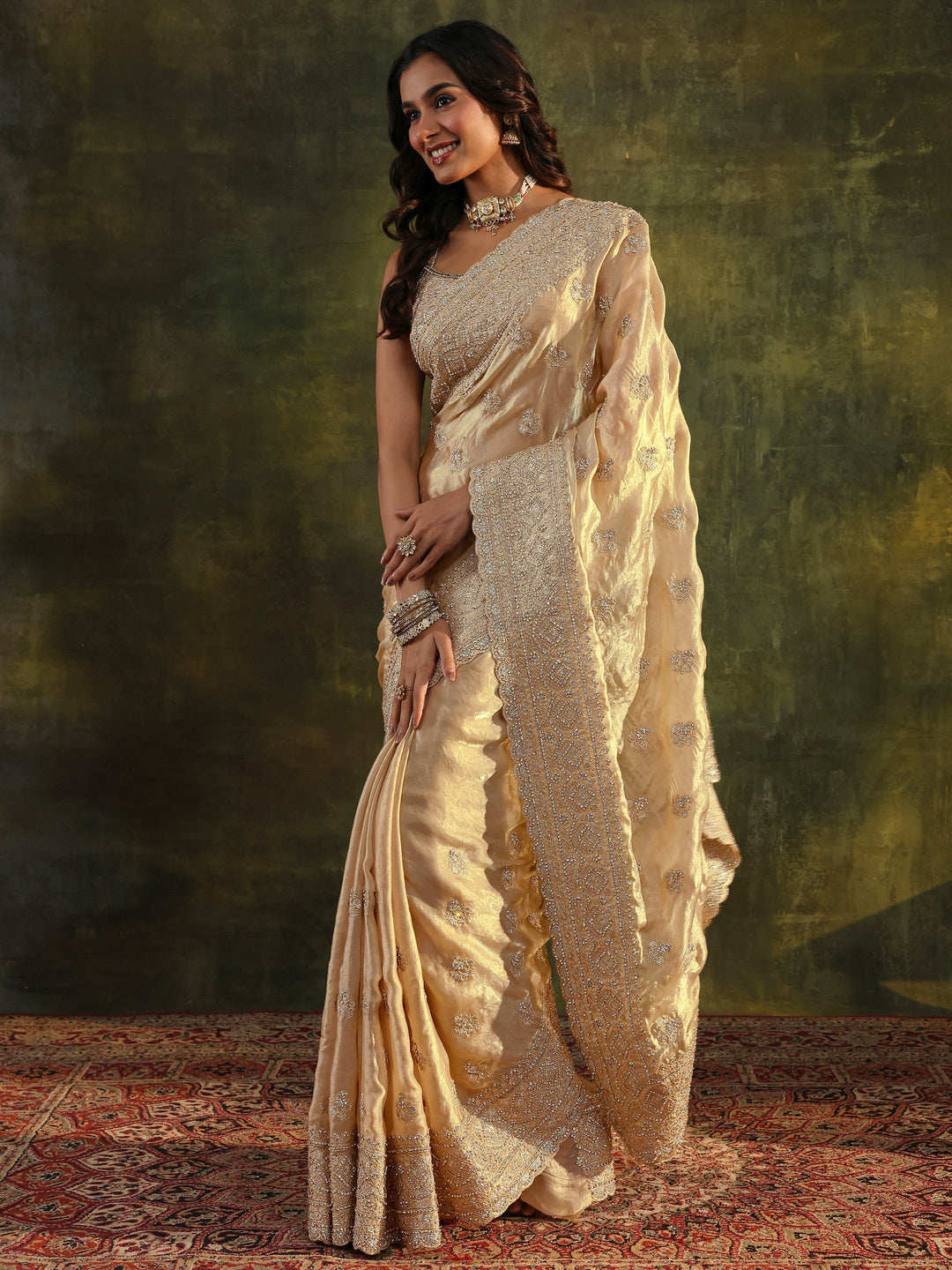  Libas Art Beige Embellished Tissue Saree With Unstitched Blouse Piece 