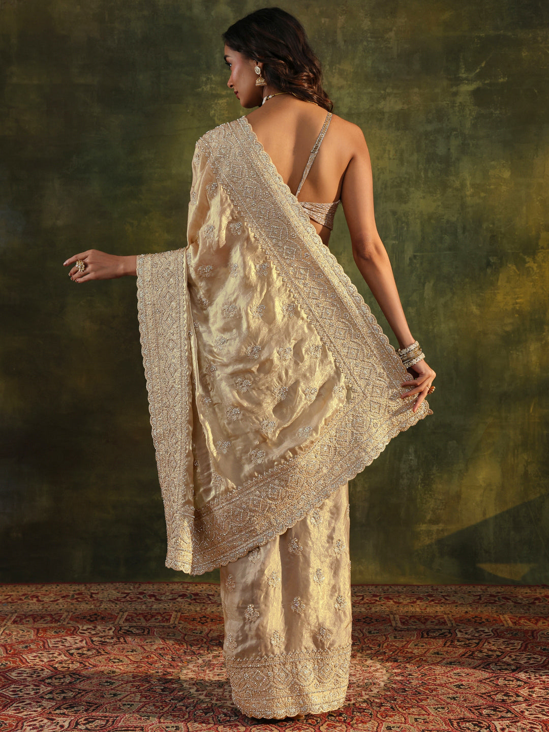  Libas Art Beige Embellished Tissue Saree With Unstitched Blouse Piece 