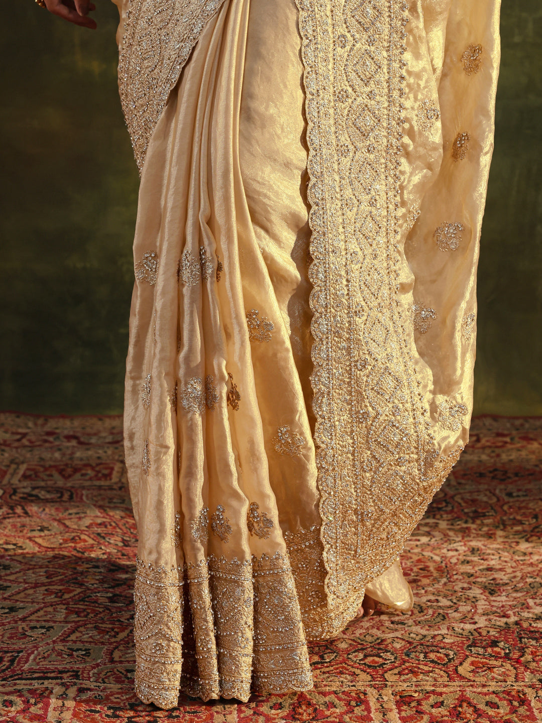  Libas Art Beige Embellished Tissue Saree With Unstitched Blouse Piece 