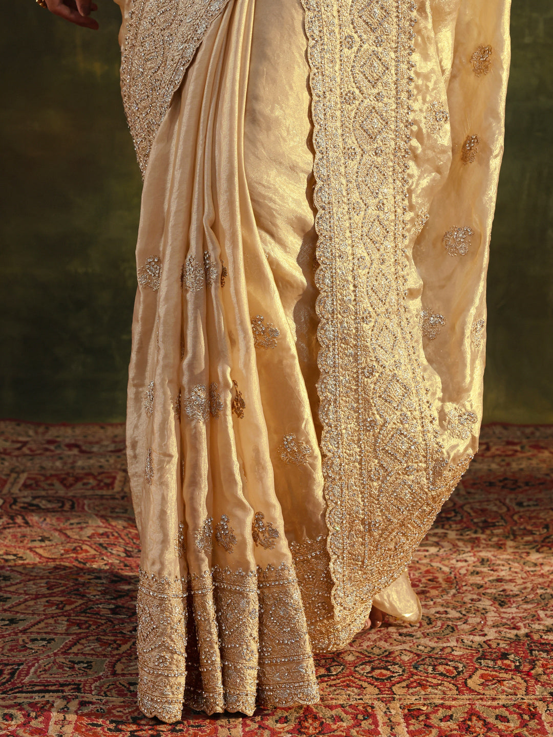  Libas Art Beige Embellished Tissue Saree With Unstitched Blouse Piece 