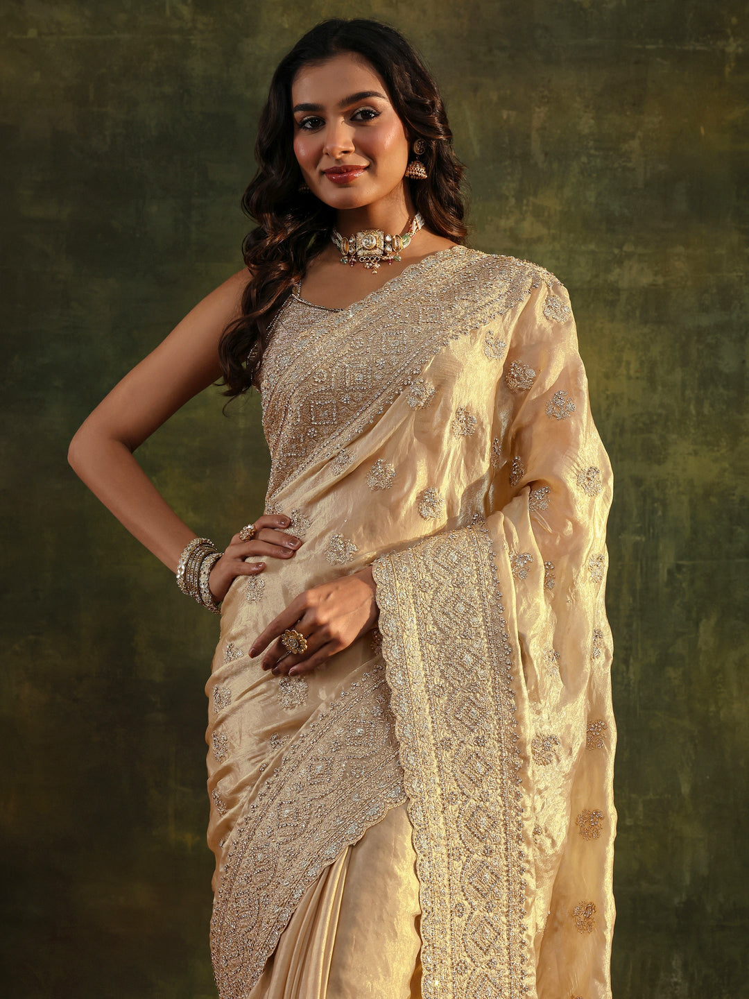  Libas Art Beige Embellished Tissue Saree With Unstitched Blouse Piece 