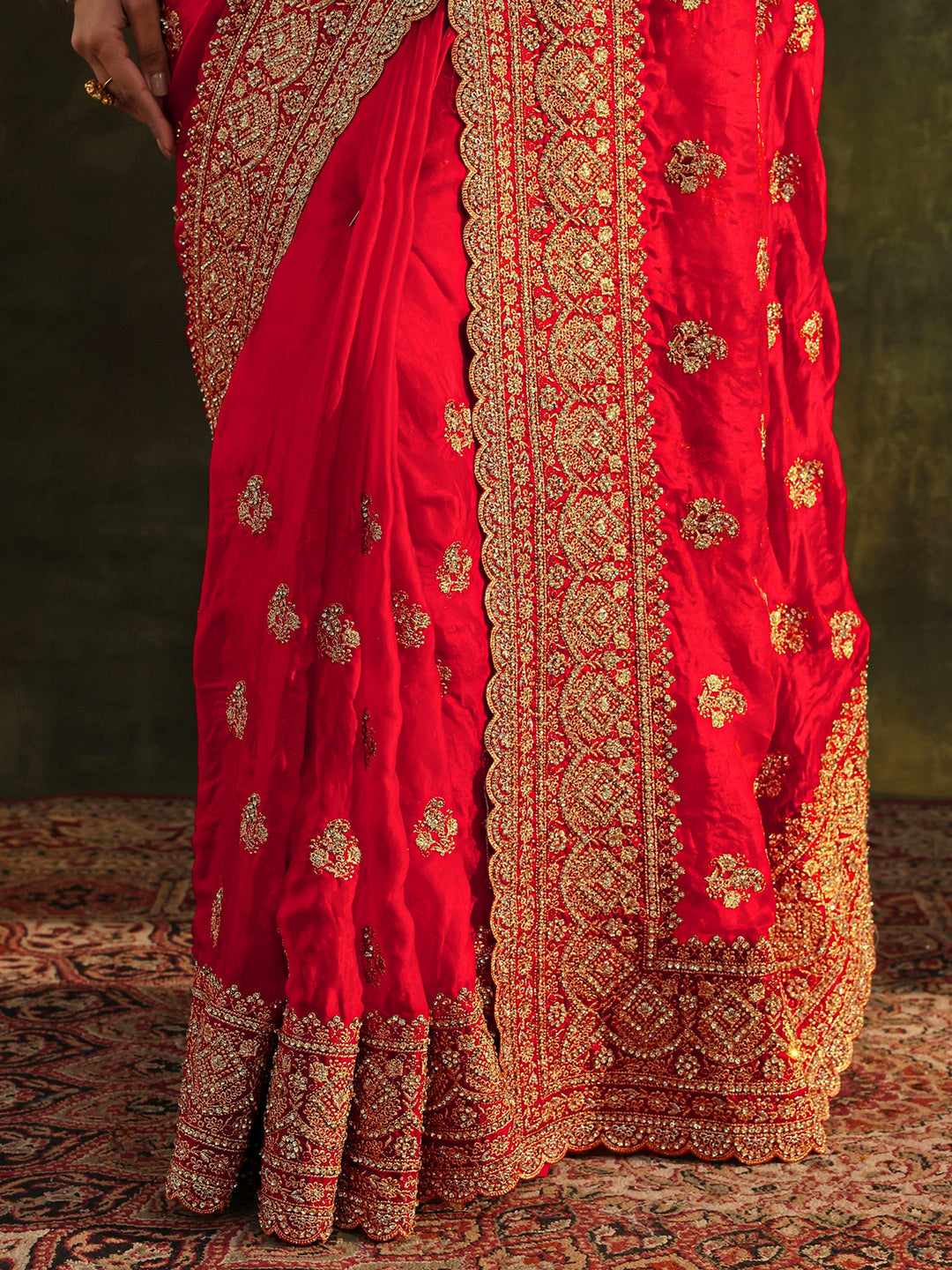  Libas Art Red Embellished Tissue Saree With Unstitched Blouse Piece 