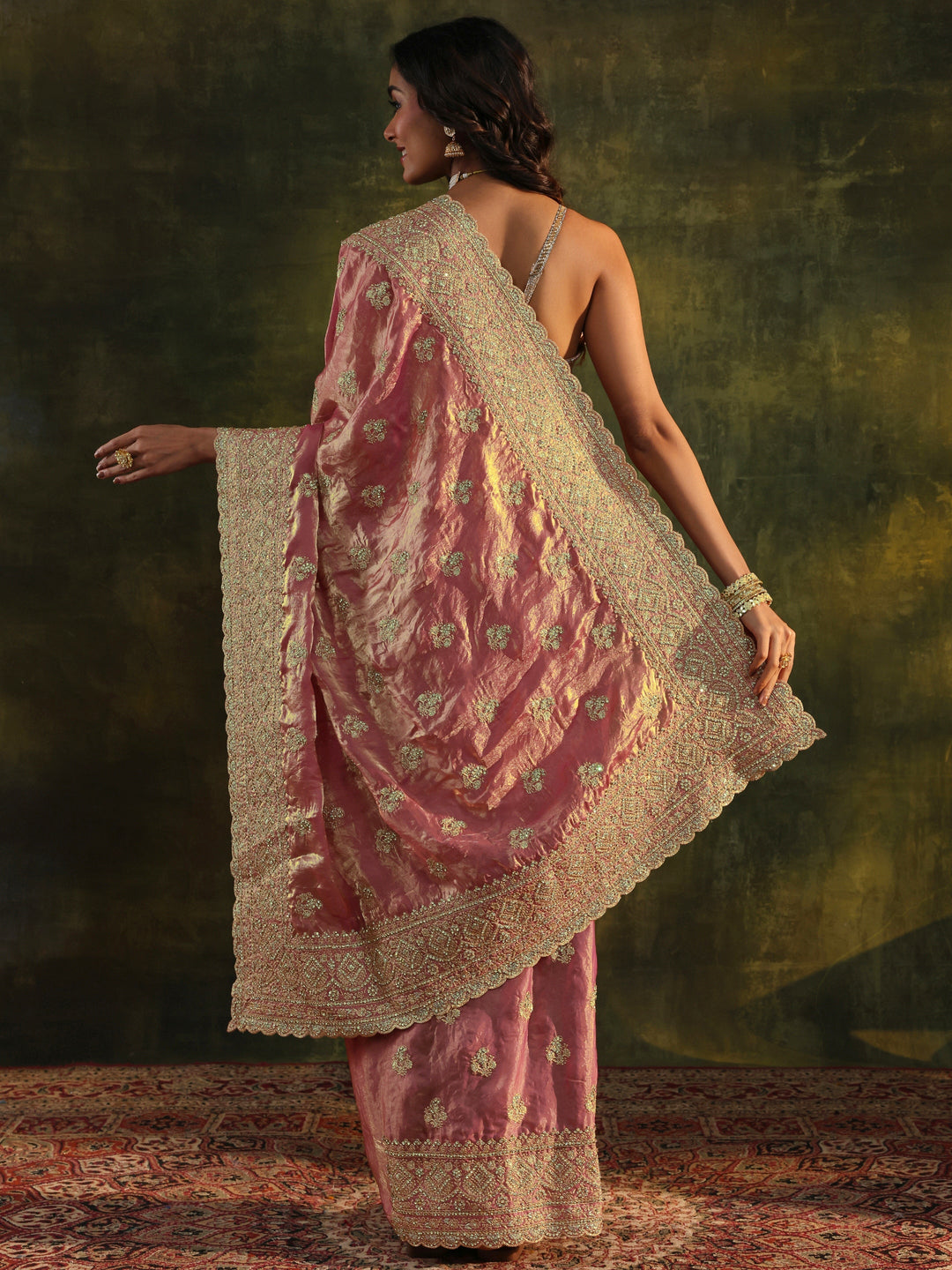  Libas Art Peach Embellished Tissue Saree With Unstitched Blouse Piece 