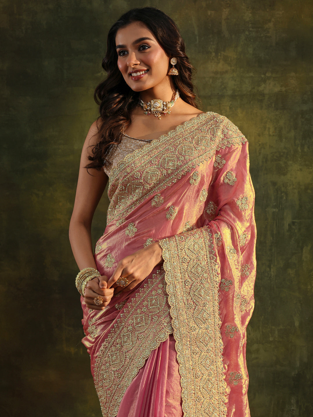  Libas Art Peach Embellished Tissue Saree With Unstitched Blouse Piece 