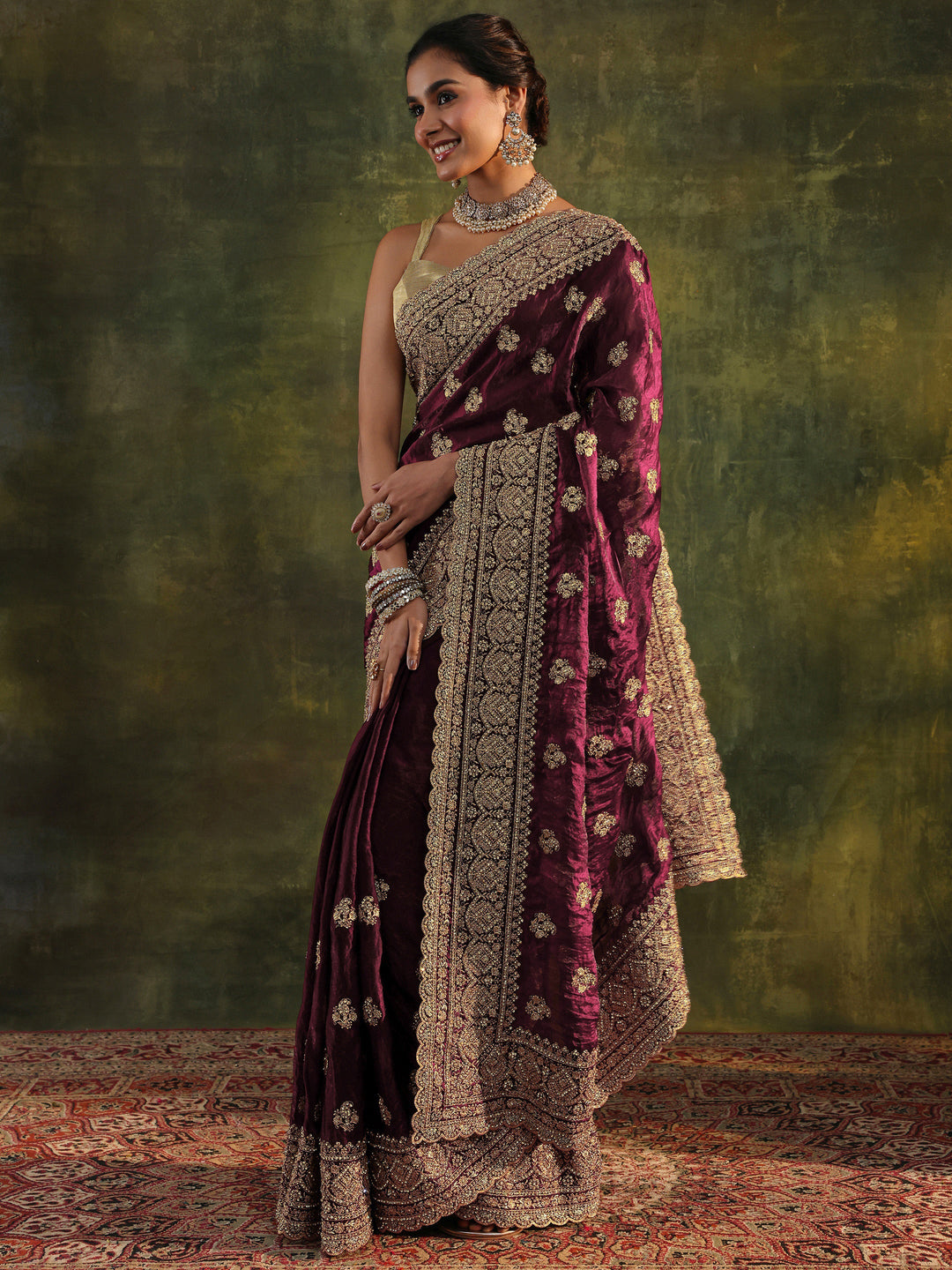  Libas Art Magenta Embellished Tissue Saree With Unstitched Blouse Piece 