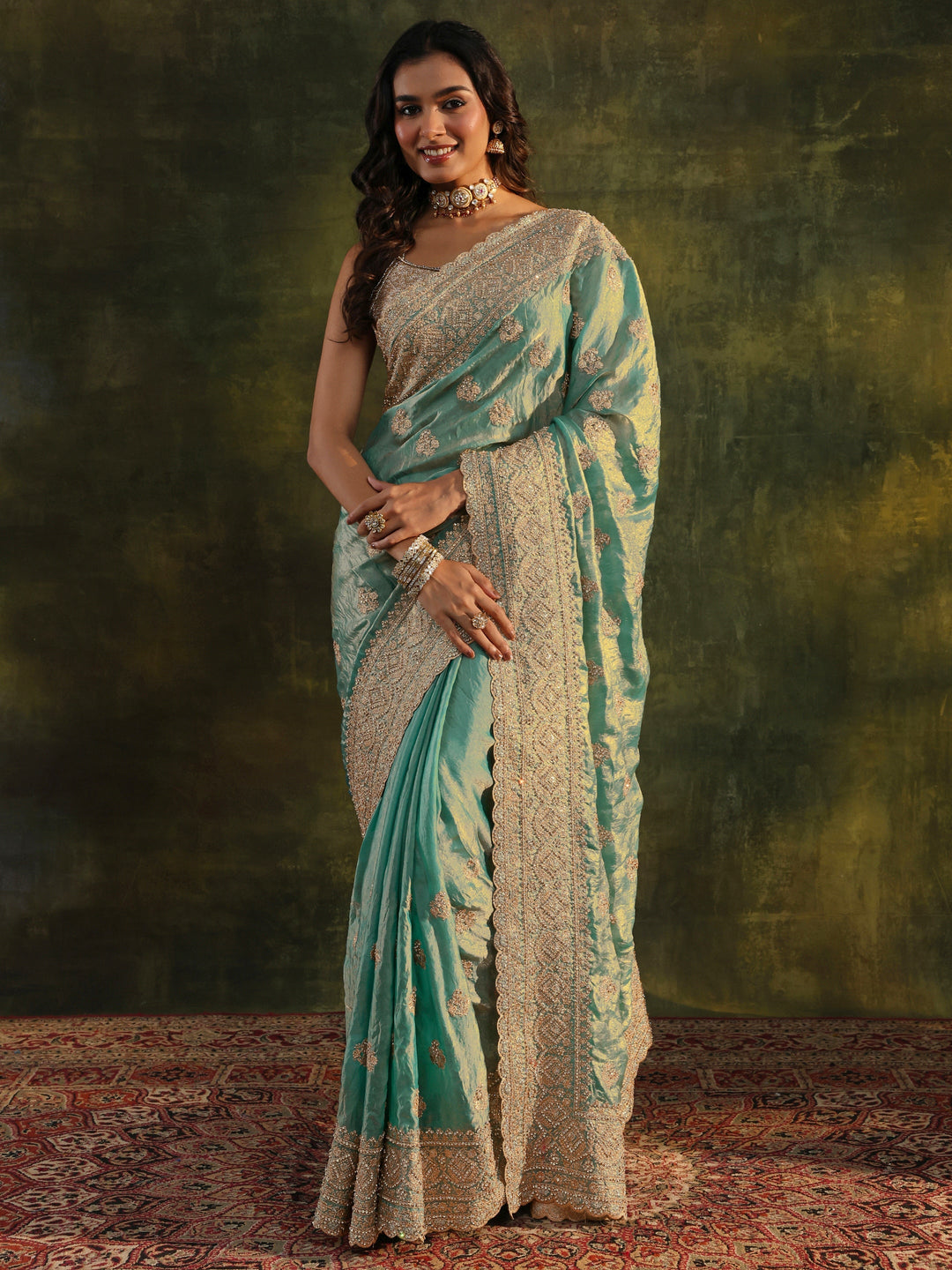  Libas Art Blue Embellished Tissue Saree With Unstitched Blouse Piece 