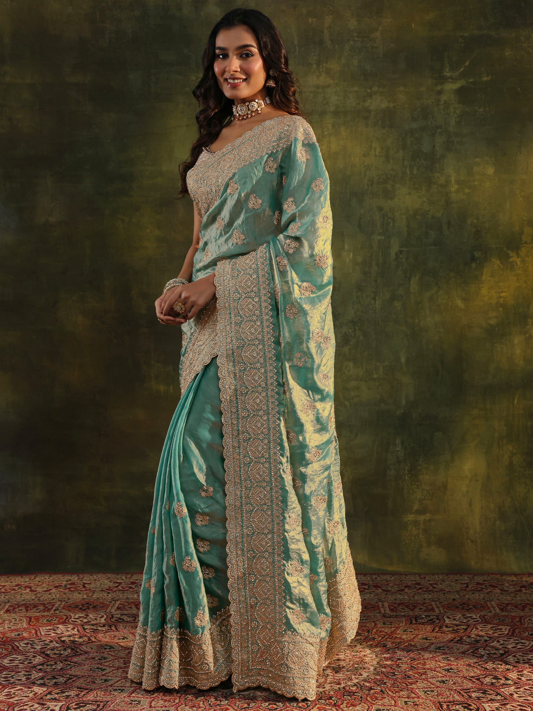  Libas Art Blue Embellished Tissue Saree With Unstitched Blouse Piece 